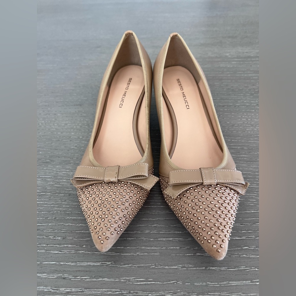 Sesto Meucci Taupe Studded Heels with Bow